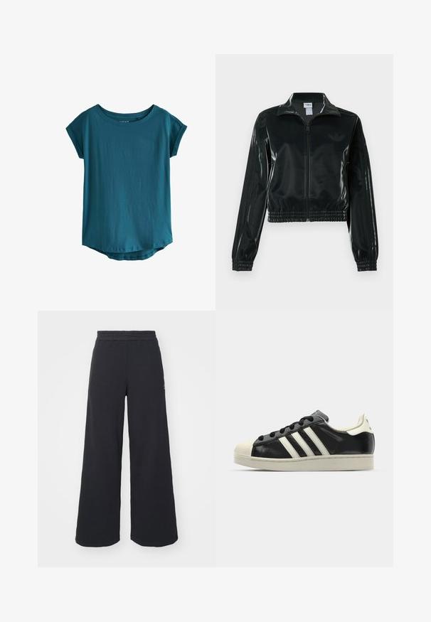 Crna sjajna kratka jakna s patentnim zatvaračem sprijeda, visokim ovratnikom i porubom s elastikom. Na rukavima ima tri pruge i mali logo na prsima.; Tirkizna majica s kratkim rukavima izrađena od mekane, glatke tkanine. Ima širok okrugli izrez i blago zakrivljen rub. Jednostavan i neukrašen dizajn.; Crne široke sweatpants hlače napravljene od mekog materijala, s elastičnim strukom i malim logotipom s lijeve strane.; Crni kožni tenisice s bijelim prugama, gumeni zaštitni vrh, crne vezice i bijela potplata boje krem. Glatka tekstura s sjajnim završetkom.