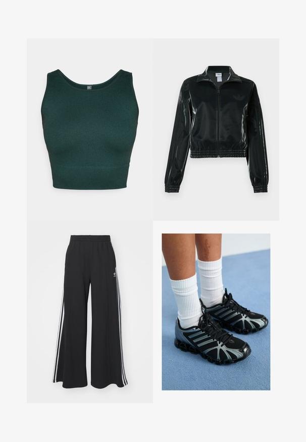 Sort blank cropped jakke med glidelås foran, høy krage og elastisk nederkant. Har tre striper på ermene og en liten logo på brystet.; Mørkegrønn ribbet kort tanktopp med rund hals og brede stropper, laget av et teksturert strikkemateriale.; Svart vide joggebukser med elastisk midjebånd, med hvite sidestriper og brodert logo på venstre lår.; Svarte joggesko med grå detaljer og mesh-paneler, med en teksturert såle og svarte lisser, parret med hvite ribbede sokker.