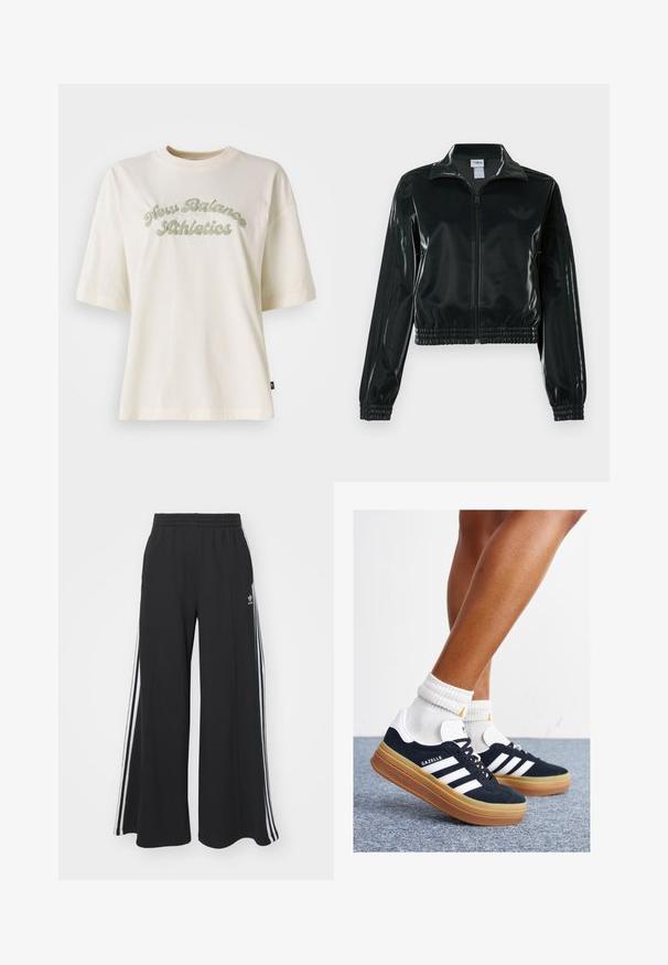 Black glossy cropped jacket with a zip front, high collar, and elasticized hem. Features three stripes on sleeves and a small logo on the chest.; Cream-colored cotton t-shirt with short sleeves, featuring a curved green text graphic that reads "New Balance Athletics."; Black wide-leg sweatpants with an elastic waistband, featuring white side stripes and an embroidered logo on the left thigh.; Black suede sneakers with white stripes and accents, rounded toe, gum rubber outsole, paired with white ribbed crew socks.