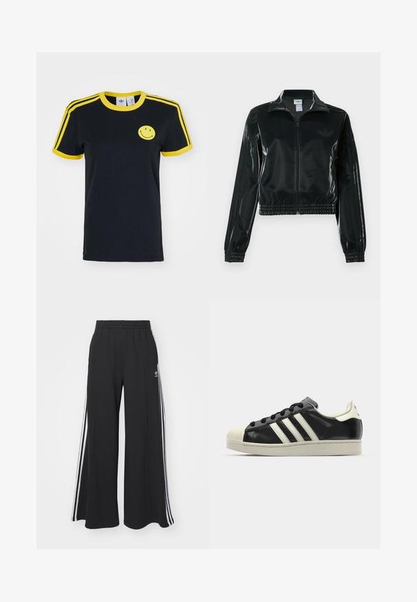 Casaco curto preto brilhante com fecho de correr frontal, gola alta e bainha elástica. Apresenta três riscas nas mangas e um pequeno logotipo no peito.; Camisa de algodão preta com gola e riscas amarelas nas mangas, apresentando um gráfico de rosto sorridente amarelo no peito. Corte clássico, mangas curtas.; Calças de suor largas e pretas com uma cintura elástica, apresentando riscas brancas nas laterais e um logótipo bordado na coxa esquerda.; Sapatilha de couro preto com riscas brancas, biqueira de borracha, atacadores pretos e sola na cor creme. Textura suave com acabamento brilhante.