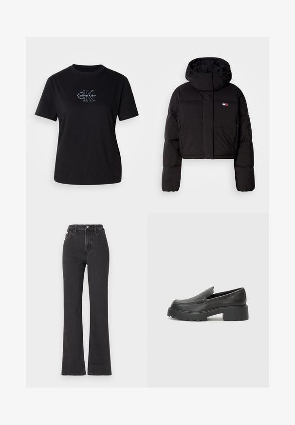 Casaco puffer preto cropped com gola alta, apresentando um patch com a marca, punhos elásticos e bolsos laterais com fecho éclair.; T-shirt de algodão preto com decote redondo. Apresenta um logótipo gráfico em branco "Calvin Klein" e um "CK" estilizado na parte da frente. Mangas curtas, ajuste descontraído.; Jeans flared pretos de cintura alta feitos de denim, com fecho de botão, passadores para cinto e bolsos laterais. Textura suave com desbotamento mínimo.; Mocassins de couro preto com bico arredondado, sola espessa e texturizada, e detalhes de costura minimalistas. Design elegante sem atacadores ou ferragens visíveis.