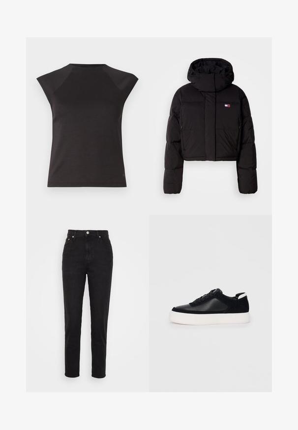 Black cropped puffer jacket with a high collar, featuring a branded patch, elasticized cuffs, and zippered side pockets.; Black short-sleeve top featuring a round neckline and angled shoulder seams. Made of smooth fabric with a fitted cut and no visible patterns.; Black high-waist slim-fit jeans with front button, belt loops, and five-pocket design on white background.; Black sneaker with smooth leather and suede panels, flat laces, rounded toe, and a white rubber sole. Distinct logo on the heel.