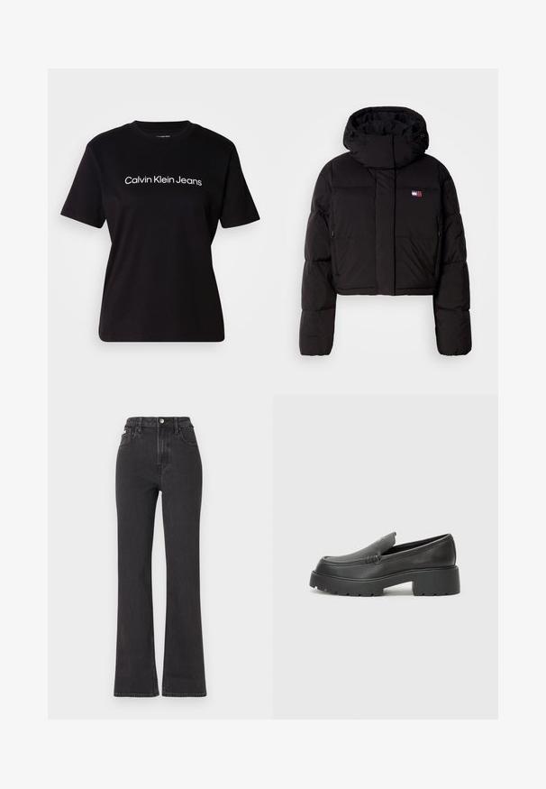 Čierna skrátená péřová bunda s vysokým golierom, s označením značky, elastickými manžetami a bočnými vreckami na zips.; Čierne bavlnené tričko s krátkymi rukávmi, okrúhlym výstrihom a bielym logom "Calvin Klein Jeans" umiestneným na hrudníku. Hladká textúra.; Čierne džíny s vysokým pásom a rozšírenými nohavicami vyrobené z denimu, s gombíkovým zapínaním, pútkami na opasok a bočnými vreckami. Hladká textúra s minimálnym ošúchaním.; Čierne kožené mokasíny s okrúhlou špičkou, hrubou textúrovanou podrážkou a minimom stehovej výzdoby. Štíhly dizajn bez viditeľných šnúr alebo kovania.
