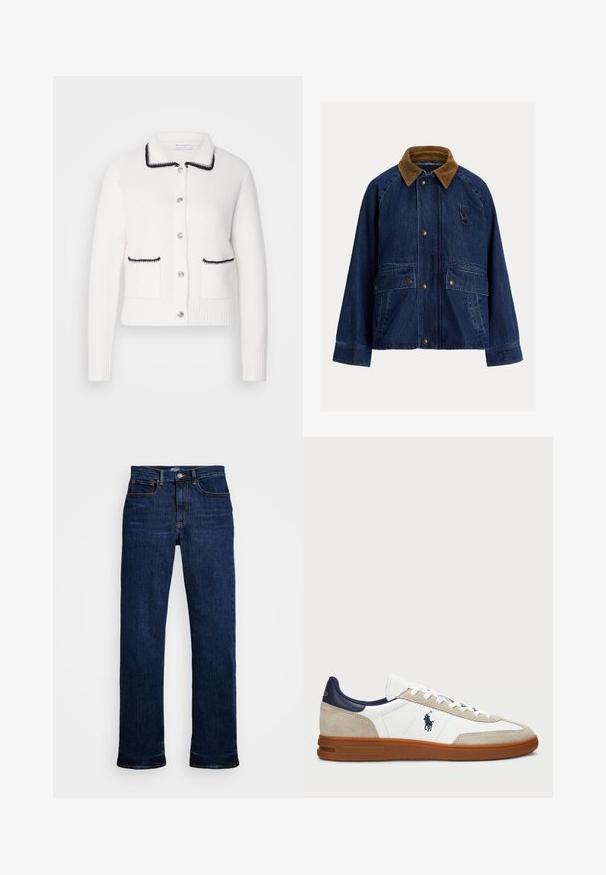 Tamsiai mėlynas džinsinis švarkas su ruduo džinsine apykakle, turintis dvi priekinės kišenes, sidabrinius aksesuarus ir kilpą kairėje krūtinės pusėje.; Balta vilnos kardiganas su apykakle, juodomis detalėmis ir dviem priekinėmis kišenėmis. Papuoštas sidabriniais mygtukais ir raštuotomis rankogaliais bei apvadu.; Šviesiai violetinė marškiniai su klasikiniu apykaklė, ilgomis rankovėmis ir lengva medžiaga. Ant rankovės yra subtilus išsiuvinėjimas su logotipu.; Tamsiai mėlyni džinsai su tiesia kojų kirpimu, turintys penkis kišenes, varinį siuvinėjimą ir klasiką mygtuko uždarymą.; Balti ir smėliniai sportiniai bateliai su zomšo ir odos viršumi, tamsiai mėlynais akcentais ir rudomis guminėmis padais. Šoninėse pusėse yra logotipas ir raištelių užsegimas.