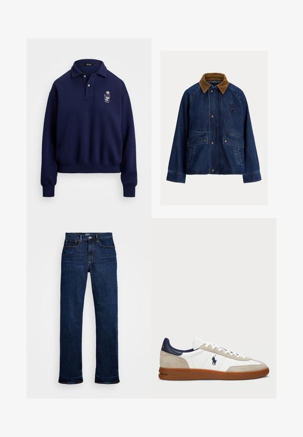 Τζάκετ από τζιν σε σκούρο μπλε χρώμα με καφέ βελουτέ γιακά, που διαθέτει δύο μπροστινές τσέπες, ασημένια εξαρτήματα και λεπτομέρεια βρόχου στην αριστερή πλευρά του στήθους.; Πολυεστερικό πουκάμισο ναυτικού μπλε χρώματος από βαμβάκι. Διαθέτει γιακά, δύο κουμπιά και κεντητό σχέδιο στο αριστερό στήθος.; Σκούρο μπλε τζιν παντελόνι με ίσια γραμμή, διαθέτει πέντε τσέπες, χάλκινη ραφή και κλασικό κλείσιμο με κουμπί.; Λευκά και μπεζ sneakers με επάνω μέρος από suede και δέρμα, ναυτικές λεπτομέρειες και καφέ καουτσούκ σόλα. Διαθέτει λογότυπο στο πλάι και σχέδιο με κορδόνια.