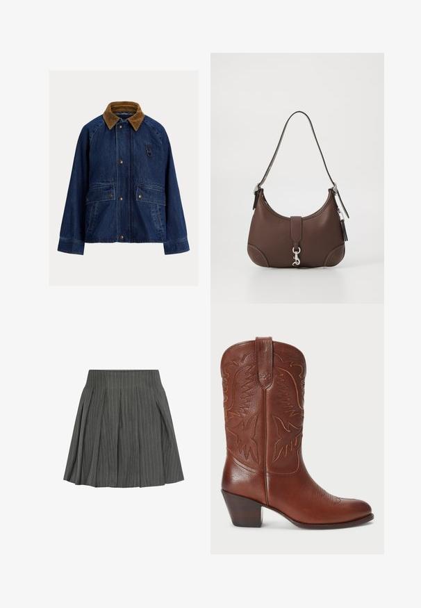 Jeans jakna v temno modri barvi z rjavim kord v okovju, ki ima dve sprednji žepi, srebrno opremo in zanko na levem prsnem delu.; Črtasta srajca z navpičnimi mornarsko modrimi in belimi črtami, spredaj na gumb, s klasičnim ovratnikom. Dolgi rokavi z gumbnimi manšetami.; Moves LUCILLE - Plisirano krilo - castlerock; Rjavi usnjeni kavbojski škorenj s koničastim nosom, embosirano zahodno oblikovanje in naložen peti. Vsebuje šiv in gladko teksturo.; Rjava usnjena torbica za roke z zaobljeno obliko, srebrnimi dodatki in okrasnim šivanjem. Ima naramnico in zaponko za zapiranje.