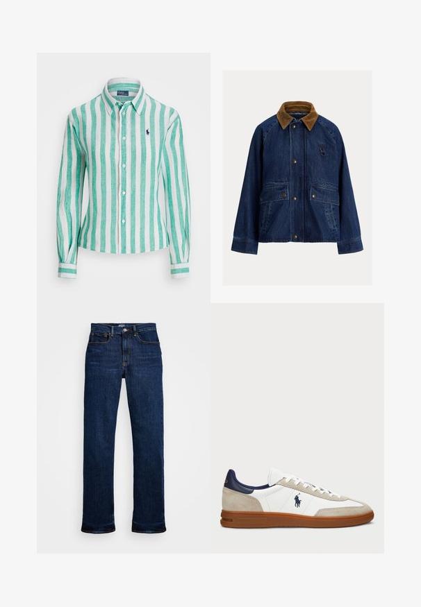 Casaco de ganga em azul-escuro com colarinho de veludo cotelê castanho, apresentando dois bolsos frontais, acessórios prateados e um detalhe em laço no peito esquerdo.; Camisa de botão riscada em verde e branco, feita de linho, com colarinho pontudo, mangas longas e um pequeno logotipo bordado no peito.; Jeans de denim azul escuro com corte reto, apresentando cinco bolsos, costura em cobre e um fecho de botão clássico.; Sapatilhas brancas e bege com um cabedal em camurça e pele, detalhes em azul-marinho e uma sola em borracha castanha. Apresenta o logótipo na lateral e um design com atacadores.