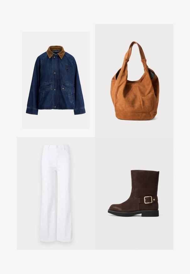 Džínová bunda v tmavě modré barvě s hnědým manšestrovým límcem, obsahující dvě přední kapsy, stříbrné doplňky a detail smyčky na levém prsu.; Světle modrá polo košile vyrobená z bavlny. Má límec, dvouknoflíkovou légu a malou nášivku na hrudi. Krátké rukávy, přičemž na jednom je nášivka.; Bílé flare džíny vyrobené z denimu, s vysokým pasem, předními kapsami a zapínáním na knoflík. Hladká textura a čisté linie.; Hnědé daimové kotníkové boty s kulatou špičkou, plochou černou podrážkou a zlatou sponou na boku. Hladká textura a jednoduchý design.; Hnědá semišová kabelka přes rameno s jemnou texturou, zakřiveným tvarem a dvěma držadly. Má minimalistický design bez viditelného kování nebo akcentů.