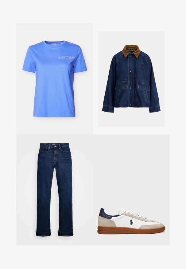Džínová bunda v tmavě modré barvě s hnědým manšestrovým límcem, obsahující dvě přední kapsy, stříbrné doplňky a detail smyčky na levém prsu.; Modrá bavlněná tričko s kulatým výstřihem a krátkými rukávy. Na levé části hrudníku se nachází bílé tištěné logo a text.; Tmavě modré džíny z denimu s rovnými nohavicemi, které mají pět kapes, měděné švy a klasické zapínání na knoflík.; Bílé a béžové tenisky s svrchní částí z kůže a nubuku, námořnickými akcenty a hnědou gumovou podrážkou. Obsahují logo na boku a šněrovací design.