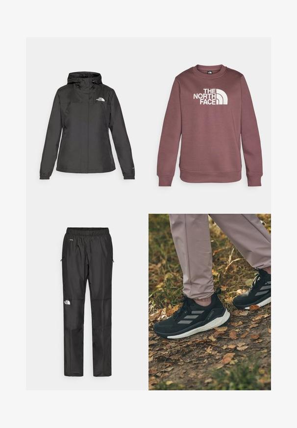Black waterproof jacket with a fitted design, adjustable drawstring hood, and elastic cuffs. Features logo on left chest and smooth texture.; The North Face DREW PEAK CREW - Sweatshirt - tawny quartz/high rise grey; Black waterproof pants made from lightweight fabric, featuring an elastic waistband, side pockets, and a logo on the left leg.; Black athletic shoes with light gray stripes, featuring a textured upper, white cushioning sole, worn with light pink pants, on a leaf-covered ground.