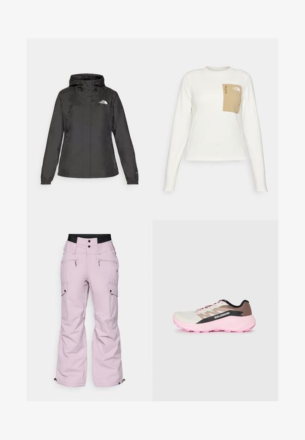 Giacca impermeabile nera con design aderente, cappuccio regolabile con cordino e polsini elasticizzati. Presenta il logo sul petto sinistro e una texture liscia.; Camicia bianca a maniche lunghe realizzata in tessuto testurizzato, con una tasca a toppa beige dotata di cordoncino e logo.; Pantaloni da neve rosa con vestibilità rilassata, dotati di numerose tasche, una cintura ampia, dettagli con zip e polsini elasticizzati alle caviglie.; Scarpa da corsa leggera in bianco, marrone e rosa. Presenta una tomaia traspirante, accenti grigi testurizzati e una suola in gomma rosa.