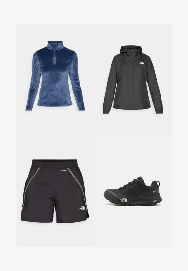 Black waterproof jacket with a fitted design, adjustable drawstring hood, and elastic cuffs. Features logo on left chest and smooth texture.; Spyder SHIMMER BUG 1/2 ZIP - Fleece jumper - true navy; Black athletic shorts made from lightweight material feature an elastic waistband, reflective detailing, and the logo "The North Face" on the left side.; Black hiking shoe with a textured upper, lace closure, and a chunky rubber sole featuring a prominent logo on the side and tread patterns.