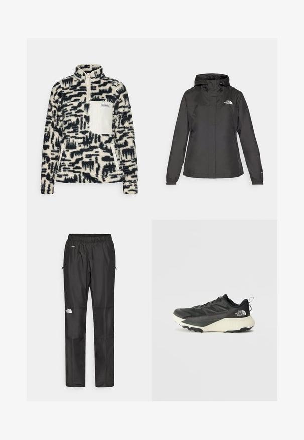 Must värvimata jope, millel on vormitud disain, reguleeritav nööriga kapuuts ja elastsed mansetid. Vasakul rinnal on logo ning jope on sileda tekstuuriga.; Soehiku kvaliteetsest fliisist poolanõandus kõrge kraega, millel on must ja kreemjas abstraktne muster, lukuga rinna-tasku ja küljetaskud.; Mustad veepidavad püksid, mis on valmistatud kergest kangast, elastse vöökoha, küljetaskute ja logo kahel jalal.; Musty mustusjalats musta pealisega, millel on tekstuur, hallid aktsendid ja valge vaheosa. Sisaldab tõmbeosa ning silmapaistvat brändi logo kandadel.