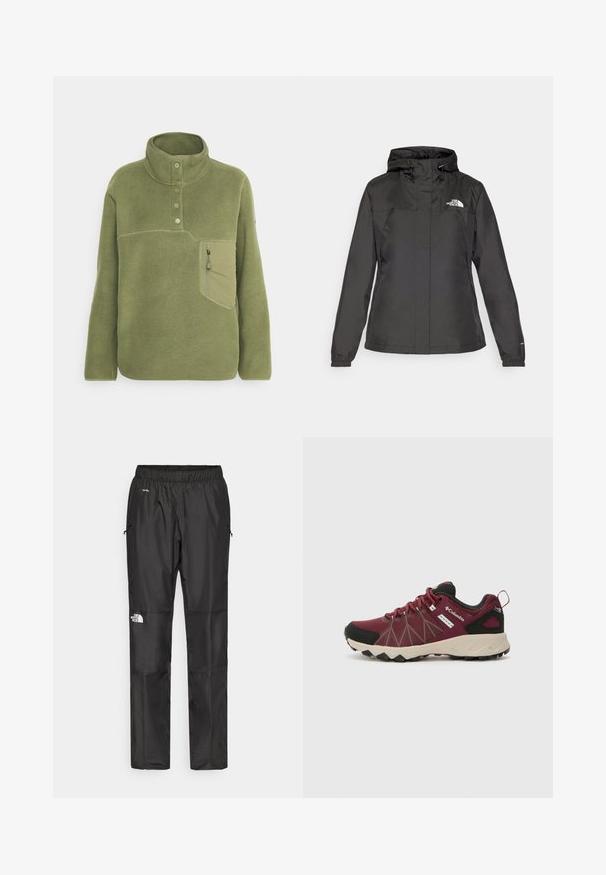 Juodas vandeniui atsparus švarkas su prisiūtu dizainu, reguliuojama pasukimo gobtuvu ir elastingais rankogaliais. Pakabinta logotipas kairėje krūtinės pusėje, sklandžią tekstūrą.; Alyvuogių spalvos fliso megztinis su aukštu apykakle, trimis mygtukais ir užtrauktuku uždaroma krūtine. Maloni tekstūra su kontrastingomis siuvimo detalėmis.; Juodi nepralaidūs vandeniui kelnių, pagamintų iš lengvos medžiagos, su elastingu juosmeniu, šoninėmis kišenėmis ir logotipu kairiajame šone.; Columbia PEAKFREAK™ II OUTDRY™ - Turistiniai batai - deep madeira/white peach