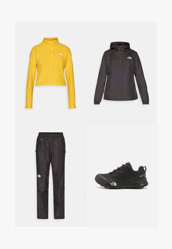 Black waterproof jacket with a fitted design, adjustable drawstring hood, and elastic cuffs. Features logo on left chest and smooth texture.; The North Face GLACIER CROPPED ¼ ZIP - Fleece jumper - summit gold; Black waterproof pants made from lightweight fabric, featuring an elastic waistband, side pockets, and a logo on the left leg.; Black hiking shoe with a textured upper, lace closure, and a chunky rubber sole featuring a prominent logo on the side and tread patterns.