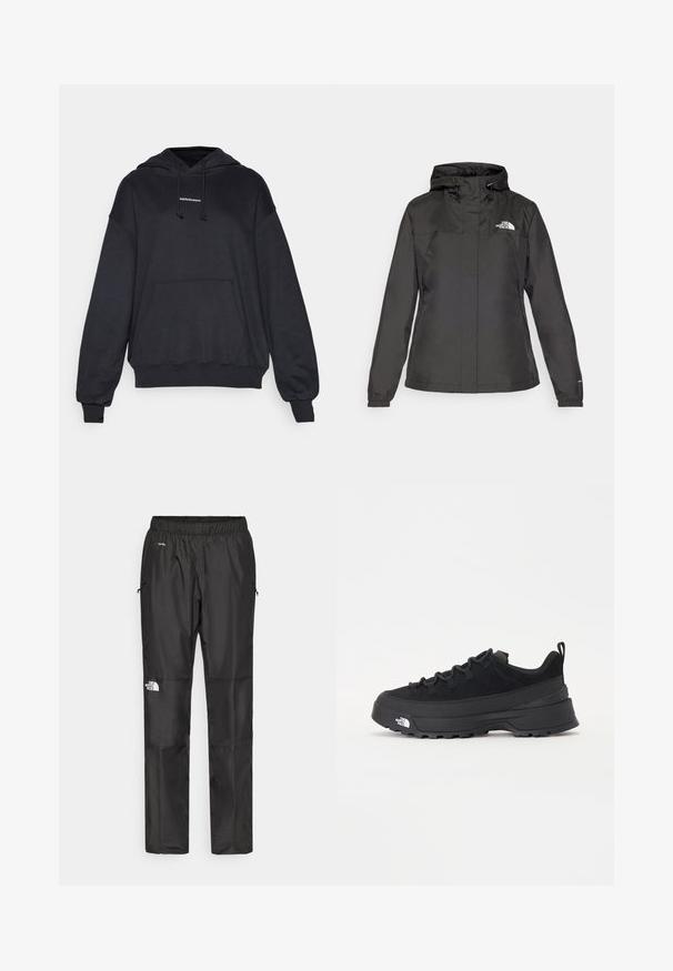 Fekete vízálló dzseki, passzos fazonnal, állítható húzózsinórral ellátott kapucnival és elasztikus mandzsettákkal. Bal mellen logóval és sima textúrával rendelkezik.; Fekete kapucnis pulóver puha anyagból, húzózsinórral ellátott kapucnival, elülső zsebbel, valamint bordázott mandzsettákkal és aljjal. Minimalista logó részlet.; Fekete vízálló nadrág könnyű anyagból, rugalmas derékkal, oldalsó zsebekkel és logóval a bal lábon.; Fekete kültéri sneaker velúr felsőrésszel, texturált gumitalppal és strapabíró fűzőrendszerrel. Megerősített sarkú és oldalán márkalogóval rendelkezik.