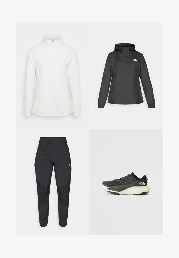 Chaqueta impermeable negra con un diseño ajustado, capucha con cordón ajustable y puños elásticos. Presenta un logo en el lado izquierdo del pecho y una textura suave.; Sudadera de fleece blanca con cuello alto y media cremallera, que presenta mangas raglán y una textura suave. Diseño simple y funcional.; Pantalones exteriores negros hechos de tela duradera. Cuentan con bolsillos con cremallera, refuerzos en las rodillas y un diseño de corte recto para mayor movilidad.; Zapatilla deportiva negra con parte superior texturizada, que presenta acentos grises y una entresuela blanca. Incluye una lengüeta y un logotipo de la marca destacado en el talón.