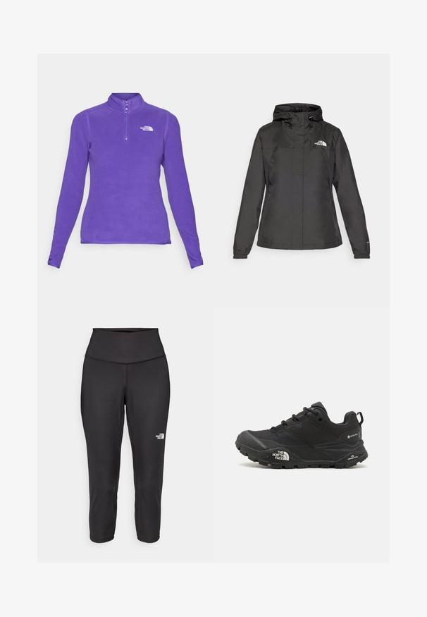 Black waterproof jacket with a fitted design, adjustable drawstring hood, and elastic cuffs. Features logo on left chest and smooth texture.; The North Face 100 GLACIER 1/4 ZIP - Fleece jumper - peak purple; Black capri leggings made from stretchy fabric, featuring a high waistband and a small white logo on the left side. Smooth texture.; Black hiking shoe with a textured upper, lace closure, and a chunky rubber sole featuring a prominent logo on the side and tread patterns.