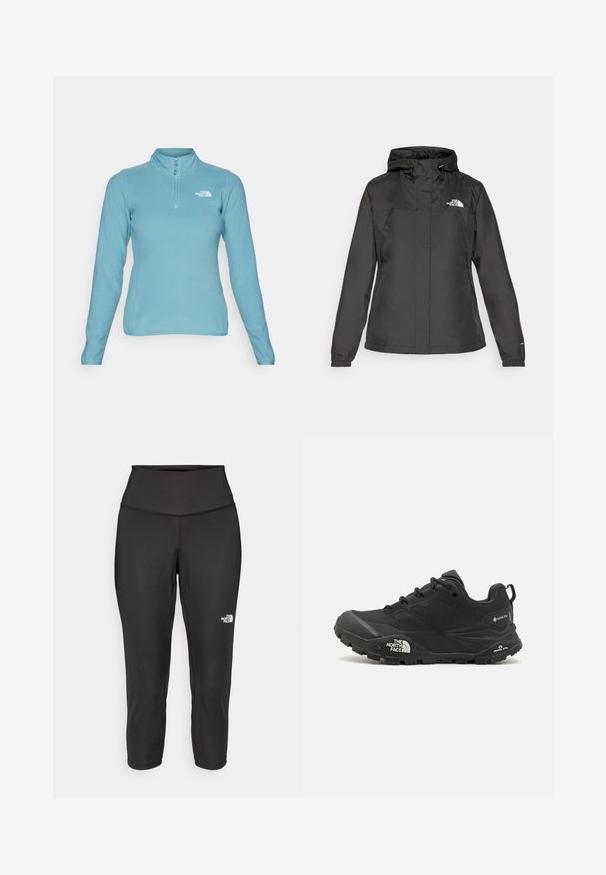 Juodas vandeniui atsparus švarkas su prisiūtu dizainu, reguliuojama pasukimo gobtuvu ir elastingais rankogaliais. Pakabinta logotipas kairėje krūtinės pusėje, sklandžią tekstūrą.; The North Face 100 GLACIER 1/4 ZIP - Flisinis džemperis - algae blue; Juodos capri tipo leggingai, pagaminti iš tamprios medžiagos, su aukštu juosmeniu ir mažu baltu logotipu kairėje pusėje. Lygi tekstūra.; Juodas žygio batelis su tekstūruotu viršumi, su raištelių uždarymu ir storu guminiu padu, ant šono išryškintas logotipas ir raštiškai išpjauti modeliai.