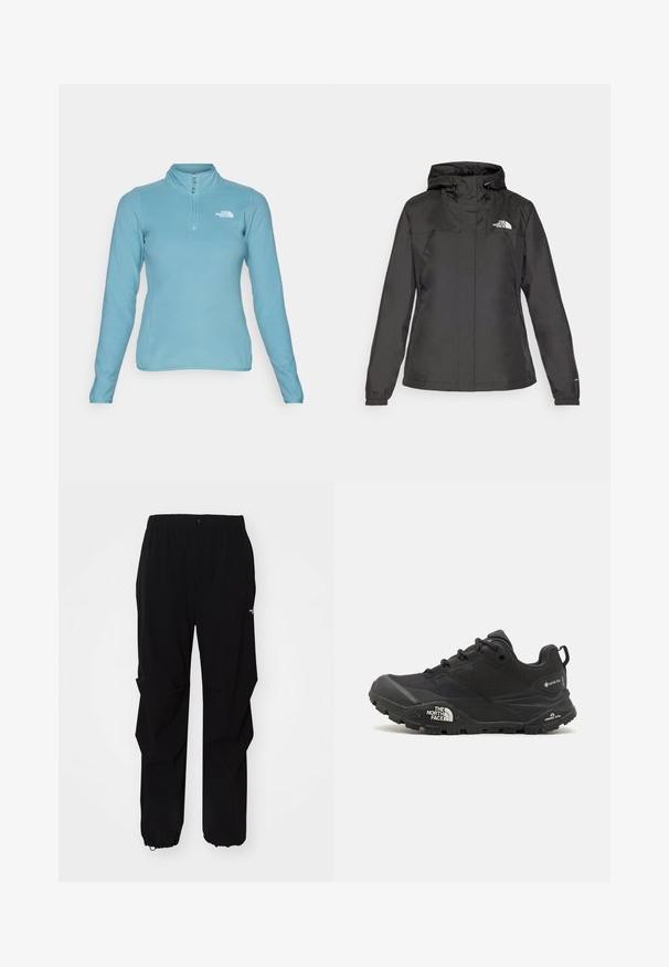 Schwarze wasserdichte Jacke mit figurschmeichelndem Design, verstellbarem Zugkordel-Kapuzen und elastischen Bündchen. Mit Logo auf der linken Brust und glatter Textur.; The North Face 100 GLACIER 1/4 ZIP - Fleecepullover - algae blue; Schwarze Outdoor-Hosen aus langlebigem Material, mit lockerer Passform, elastischem Bund und verstellbaren Bündchen für variable Längen.; Schwarzer Wanderschuh mit einer strukturierten Oberfläche, Schnürverschluss und einer massiven Gummisohle, die auf der Seite ein ausgeprägtes Logo sowie Profilmuster zeigt.