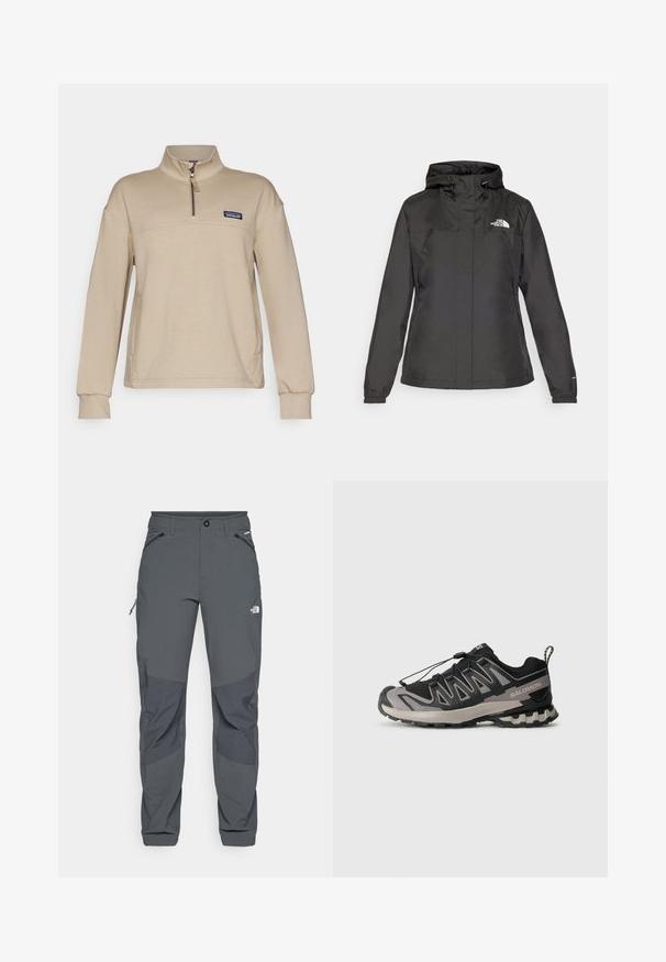 Jachetă impermeabilă neagră cu un design ajustat, glugă cu șnur reglabil și manșete elastice. Prezintă logo pe pieptul stâng și o textură netedă.; Pulover din fleece bej, cu fermoar pe jumătate, guler înalt și mâneci lungi. Prezintă un mic logo patch pe partea stângă a pieptului. Textură moale.; Pantaloni de exterior gri închis cu jerseuri întărite la genunchi, buzunare laterale și frontale cu fermoar, închidere cu nasture și logo-ul The North Face pe coapsă.; Pantofila sportivă neagră și gri, cu partea superioară din plasă, talpă din cauciuc și sistem de șireturi elastice. Are un vârf întărit și accente texturate.