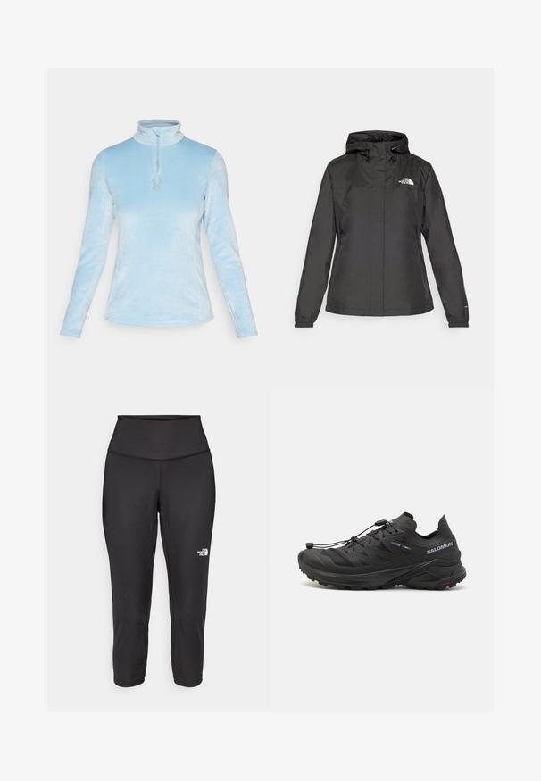 Giacca impermeabile nera con design aderente, cappuccio regolabile con cordino e polsini elasticizzati. Presenta il logo sul petto sinistro e una texture liscia.; Spyder SHIMMER BUG 1/2 ZIP - Felpa in pile - blue drift; Leggings capri neri realizzati in tessuto elastico, dotati di un alto punto vita e un piccolo logo bianco sul lato sinistro. Texture liscia.; Scarpe da trail running nere con una parte superiore testurizzata, pannelli in rete e un sistema di chiusura sicuro. Presentano una suola robusta per una buona trazione.