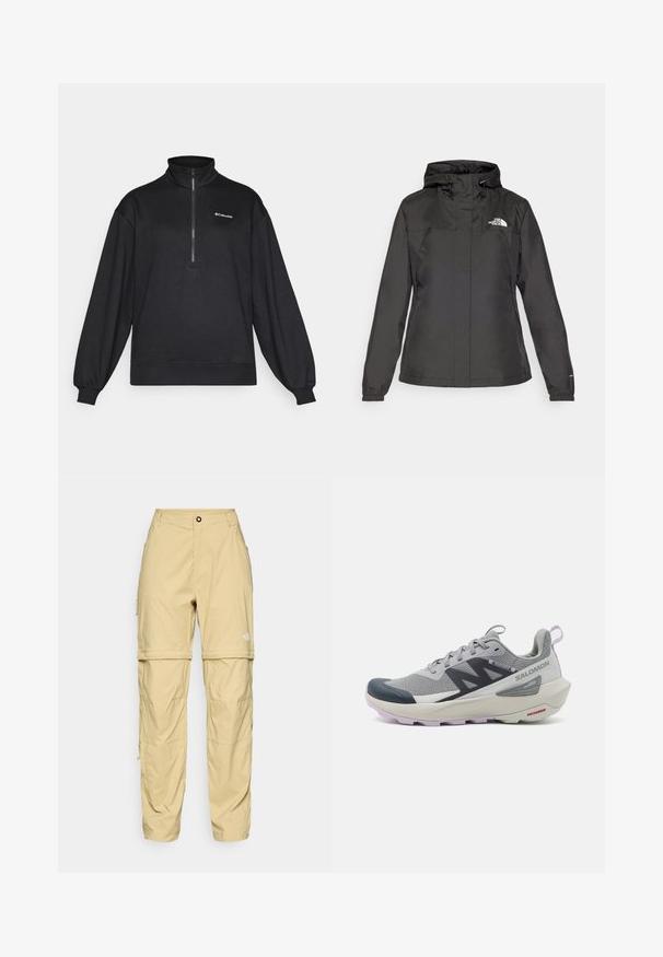 Fekete vízálló dzseki, passzos fazonnal, állítható húzózsinórral ellátott kapucnival és elasztikus mandzsettákkal. Bal mellen logóval és sima textúrával rendelkezik.; Fekete pulóver fleece, fél cipzáras gallérral, hosszú ujjakkal, laza fazonnal, bordázott mandzsettákkal és aljjal, fehér logóval a bal felső részen.; Fenntartható, könnyű anyagból készült bézs cargo nadrág, cipzáros oldalakkal, gombos záródással és logóval a jobb combon.; A Salomon futócipő szürke és tengeri kék színben, légáteresztő hálós felsőrész, gumírozott orr, valamint texturált talp levendula kiegészítőkkel.