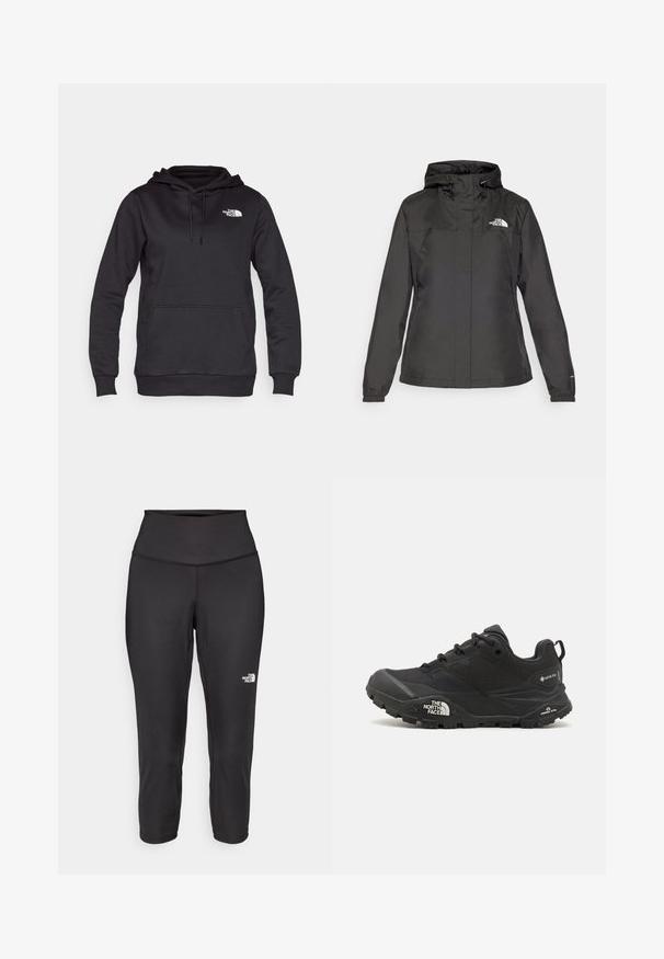 Crna vodootporna jakna s uskim krojem, podesivim kapuljačom s vezicom i elastičnim manžetama. Sadrži logo na lijevoj strani prsnog koša i glatku teksturu.; Crna dukserica s kapuljačom od pamučne mješavine, s kenguruvim džepom i bijelim logotipom na prsima. Mekana tekstura i duge rukave.; Crne capri tajice izrađene od rastezljivog materijala, s visokim strukom i malim bijelim logotipom s lijeve strane. Glatka tekstura.; Crne planinarske cipele s teksturiranim gornjim dijelom, zatvaranjem na vezivanje i debelim gumenim potplatom koji sadrži istaknuti logo na strani i uzorke na gaznom sloju.