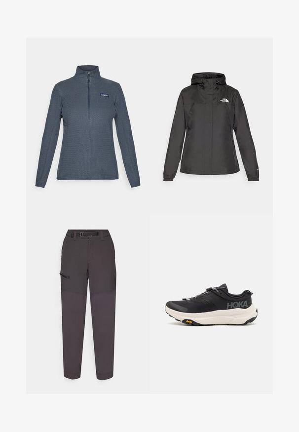 Crna vodootporna jakna s uskim krojem, podesivim kapuljačom s vezicom i elastičnim manžetama. Sadrži logo na lijevoj strani prsnog koša i glatku teksturu.; Tamno sivi teksturirani flis pulover s dugim rukavima, visokim ovratnikom, četvrtastim zatvaračem i Patagonia logotipom na lijevoj strani prsiju.; Tamno sivi cargo hlače napravljene od lagane tkanine, s izdržljivim pojasom, prednjim patentnim zatvaračem i bočnom džepom s čičak preklopom.; Crne atletske cipele s prozračnom mrežicom na gornjem dijelu, gumenim potplatom, bijelim amortizirajućim srednjim dijelom i reflektirajućim vezicama. Vibram logo na potplatu.