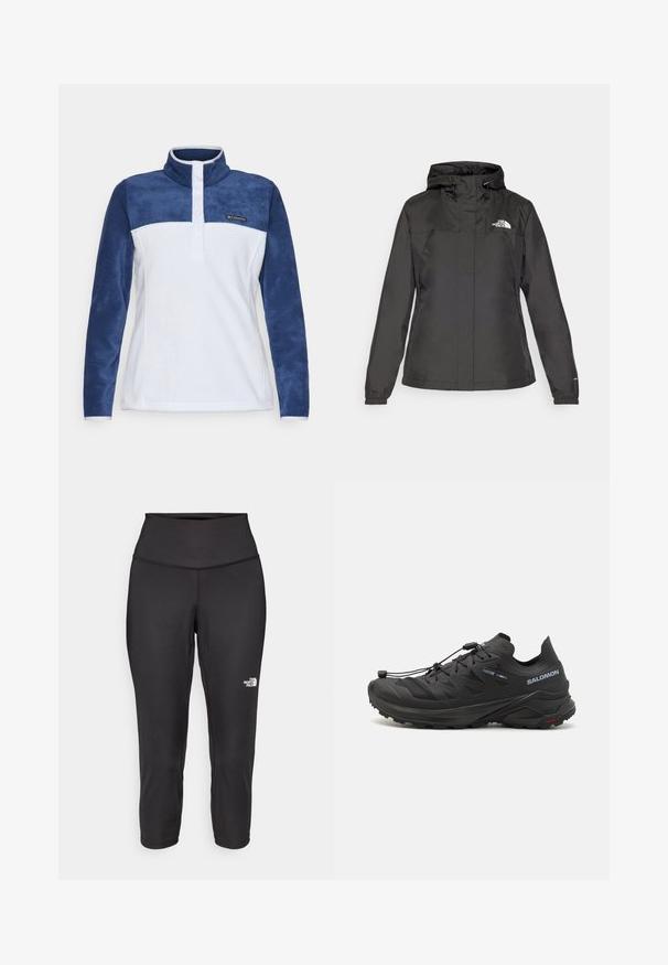 Sort vandtæt jakke med en tætsiddende design, justerbar snoretrækhætte og elastiske manchetter. Har logo på venstre bryst og glat tekstur.; Fleece pullover, hvid krop med marineblå ærmer, høj krave, tre-knaps stolpe, Columbia-logo på brystet, blød tekstur.; Sorte capri leggings lavet af strækbart stof, med en høj talje og et lille hvidt logo på venstre side. Glat tekstur.; Sorte trail løbesko med en tekstureret overdel, mesh-paneler og et sikkert lukkesystem. Har en robust ydersål for godt greb.