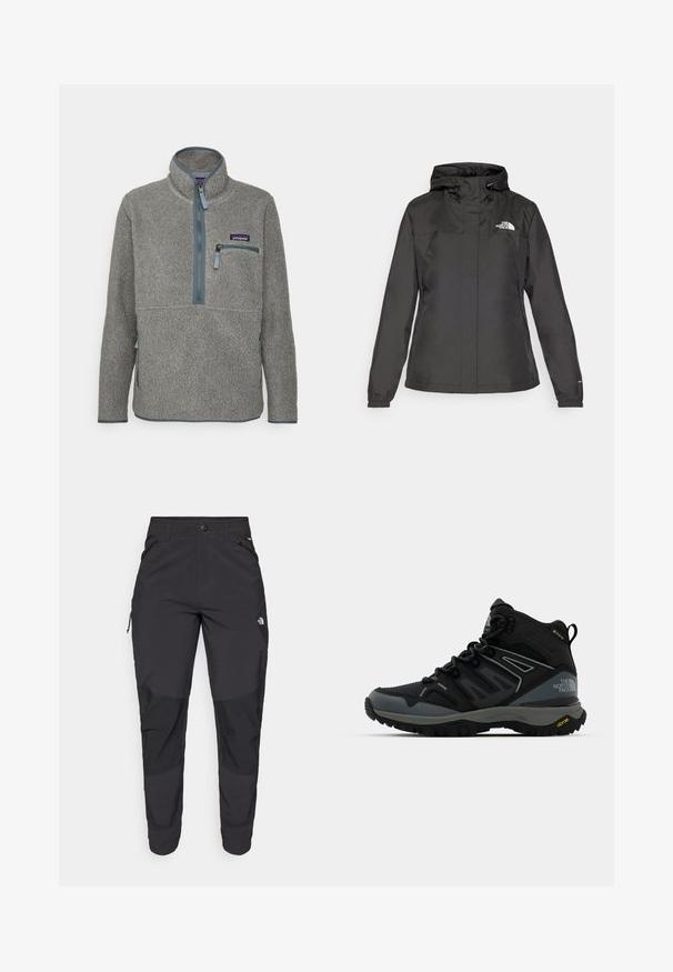 Črna vodoodporna bunda s prilegajočim dizajnom, nastavljivo kapuco z vrvico in elastičnimi manšetami. Ima logotip na levem prsnem delu in gladko teksturo.; Patagonia RETRO MARSUPIAL - Pulover iz flisa - salt grey/light plume grey; Črne zunanje hlače iz trpežnega materiala. Imajo žepke na zadrgo, ojačane kolenske dele in ravno krojeno zasnovo za prosto gibanje.; Polažna pohodniška čevlja v črni in sivi barvi. Opremljena z teksturiranim zgornjim delom, ojačanim prstom in Vibram podplatom za oprijem. Lahka zasnova.