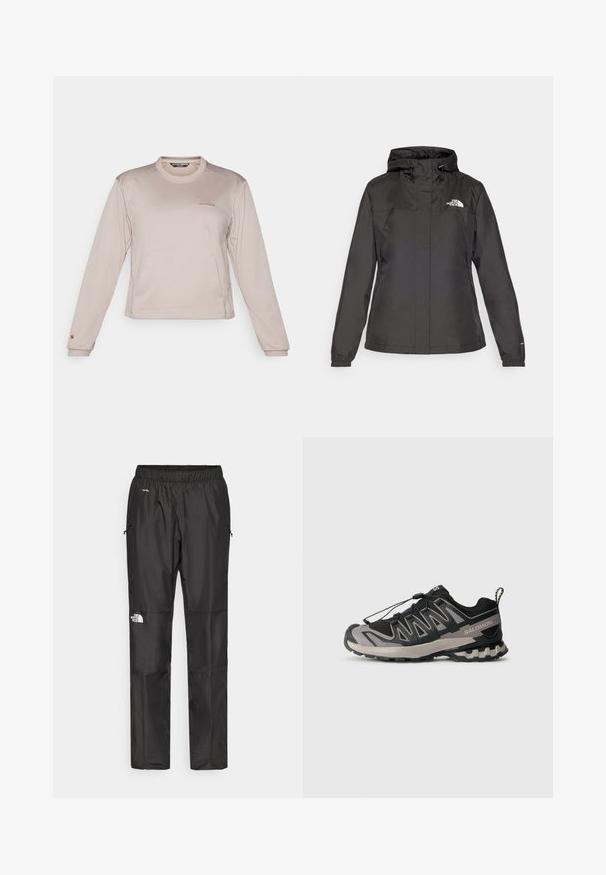 Casaco impermeável preto com design ajustado, capuz com cordão ajustável e punhos elásticos. Apresenta logotipo no lado esquerdo do peito e textura suave.; Camisa desportiva de manga longa, em bege claro, feita de um tecido texturado e respirável, com um colarinho redondo e um logótipo discreto no peito.; Calças pretas à prova d'água feitas de um tecido leve, com cintura elástica, bolsos laterais e um logótipo na perna esquerda.; Sapatilha desportiva em preto e cinza com parte superior em malha, sola em borracha e sistema de atacadores elásticos. Apresenta uma biqueira reforçada e detalhes texturizados.