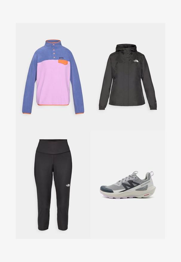 Svart vattentät jacka med en figursydd design, justerbar dragsko i huvan och elastiska ärmslut. Har logotyp på vänster bröst och slät textur.; Fleece-tröja med hög krage, med blå överdel, rosa underdel, orange detaljer, tre knappar och en liten ficka fram.; Svarta capri leggings tillverkade av stretchigt tyg, med hög midja och en liten vit logotyp på vänster sida. Slät yta.; Salomon löparskor i grått och marinblått har en andningsbar mesh-överdela, gummitåhuvud och mönstrad sula med lavendelfärgade detaljer.