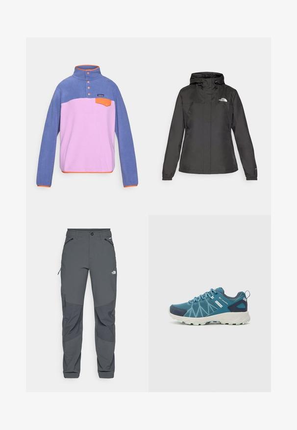 Must värvimata jope, millel on vormitud disain, reguleeritav nööriga kapuuts ja elastsed mansetid. Vasakul rinnal on logo ning jope on sileda tekstuuriga.; Fliisist pullover kõrge kaelusega, millel on sinine ülaosa, roosa alaosa, oranžid aktsendid, kolm nuppu ja väike esi-tasku.; Tumed hallid välistingimustes püksid, millel on tugevdused põlvedel, lukuga külje- ja eesTaskud, nupuga sulgur ning The North Face logo reie peal.; Columbia PEAKFREAK™ II OUTDRY™ - Matkajalatsid - blue heron/skylight