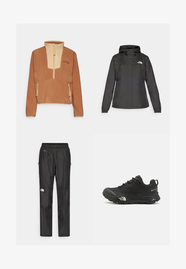 Black waterproof jacket with a fitted design, adjustable drawstring hood, and elastic cuffs. Features logo on left chest and smooth texture.; Columbia SEQUOIA GROVE™ 1/2 ZIP - Fleece jumper - camel brown/canoe; Black waterproof pants made from lightweight fabric, featuring an elastic waistband, side pockets, and a logo on the left leg.; Black hiking shoe with a textured upper, lace closure, and a chunky rubber sole featuring a prominent logo on the side and tread patterns.