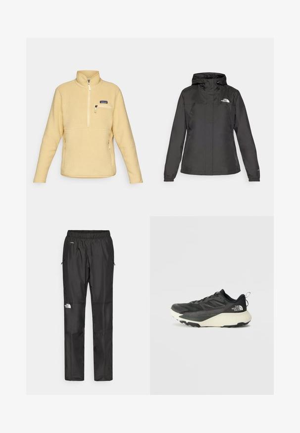 Casaco impermeável preto com design ajustado, capuz com cordão ajustável e punhos elásticos. Apresenta logotipo no lado esquerdo do peito e textura suave.; Pullover amarelo em fleece com colarinho alto, fecho de meio zíper na frente, bolso com zíper no peito e bolsos laterais. Tecido texturizado com aparência suave e felpuda.; Calças pretas à prova d'água feitas de um tecido leve, com cintura elástica, bolsos laterais e um logótipo na perna esquerda.; Shoe atlético preto com um cabedal texturizado, apresentando detalhes em cinza e uma entressola branca. Inclui uma alça e um logótipo da marca em destaque no calcanhar.