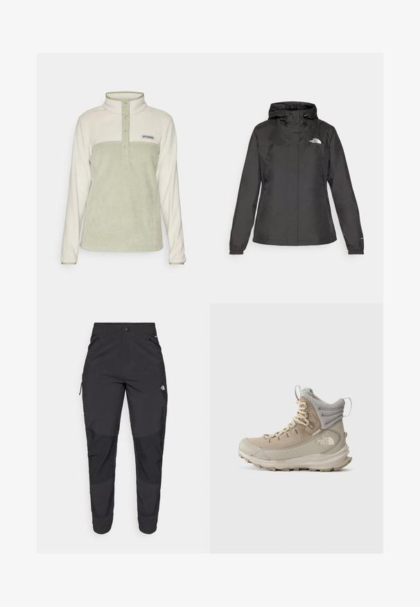 Must värvimata jope, millel on vormitud disain, reguleeritav nööriga kapuuts ja elastsed mansetid. Vasakul rinnal on logo ning jope on sileda tekstuuriga.; Columbia BENTON SPRINGS™ 1/2 SNAP - Fliisdžemper - dark stone/safari; Must black välitingimustes püksid, mis on valmistatud vastupidavast kangast. Omavad lukugaTaskuid, tugevdatud põlvepaneele ja sirget lõiget liikuvuse tagamiseks.; Bež ja hall kõrgepõhjaline matkasaabas, millel on pehmendatud pahkluuosa, robustne tall ja The North Face logo küljel.