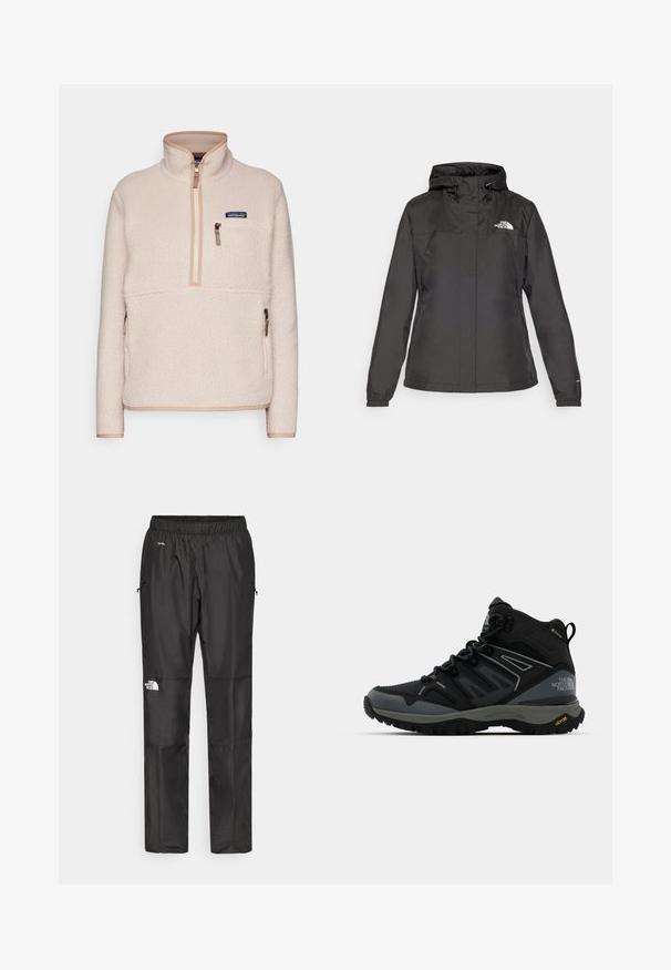 Casaco impermeável preto com design ajustado, capuz com cordão ajustável e punhos elásticos. Apresenta logotipo no lado esquerdo do peito e textura suave.; Patagonia RETRO MARSUPIAL - Camisola de lã polar - shroom/taupe; Calças pretas à prova d'água feitas de um tecido leve, com cintura elástica, bolsos laterais e um logótipo na perna esquerda.; Bota de caminhada de altura média em preto e cinza. Apresenta um cabedal texturizado, biqueira reforçada e sola Vibram para tração. Design leve.