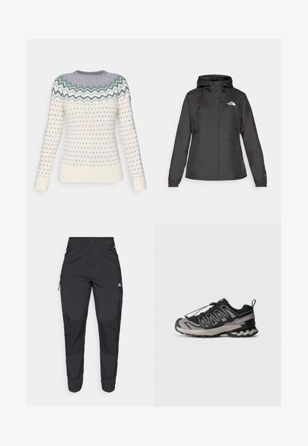 Čierna nepremokavá bunda s priliehavým strihom, nastaviteľnou kapucňou na šnúrku a elastickými manžetami. Obsahuje logo na ľavej hrudi a hladký povrch.; Pletený sveter v krémovej farbe so zigzagovým vzorom v svetlo fialovej a zelenej na výstrihu. Obsahuje malé modré srdiečka a rebrované manžety.; Čierne vonkajšie nohavice vyrobené z odolného materiálu. Obsahujú vrecká na zips, zosilnené kolenné panely a rovný strih pre pohyblivosť.; Čierna a sivá atletická obuv s hornou časťou z mäkkého materiálu, gumovou podrážkou a elastickým šnúrkovým systémom. Obsahuje spevnenú špičku a textúrované akcenty.