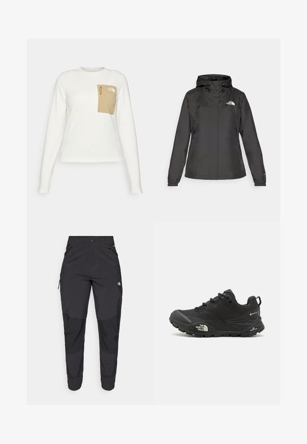 Chaqueta impermeable negra con un diseño ajustado, capucha con cordón ajustable y puños elásticos. Presenta un logo en el lado izquierdo del pecho y una textura suave.; Camisa blanca de manga larga hecha de tejido texturizado, con un bolsillo de parche beige que presenta un cordón y un logo.; Pantalones exteriores negros hechos de tela duradera. Cuentan con bolsillos con cremallera, refuerzos en las rodillas y un diseño de corte recto para mayor movilidad.; Zapatilla de senderismo negra con parte superior texturizada, cierre de cordones y una suela de goma gruesa que presenta un logotipo prominente en el lado y patrones de tracción.