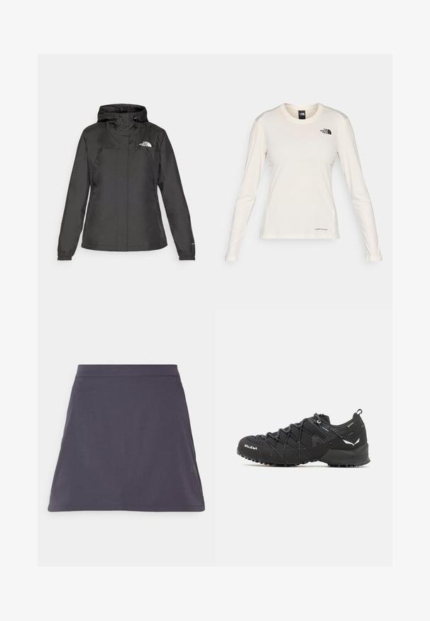 Veste imperméable noire au design ajusté, capuche avec cordon de serrage réglable et poignets élastiques. Logo sur la poitrine gauche et texture lisse.; The North Face SHADOW LONG SLEEVE - T-shirt à manches longues - white dune; Jupe A-line gris foncé en tissu doux, présentant une texture lisse et un design simple et épuré sans motifs ni accents visibles.; Chaussures de randonnée noires avec une tige en tissu texturé, un système de laçage et une semelle en caoutchouc robuste. Agrémentées de détails réfléchissants et de logos.