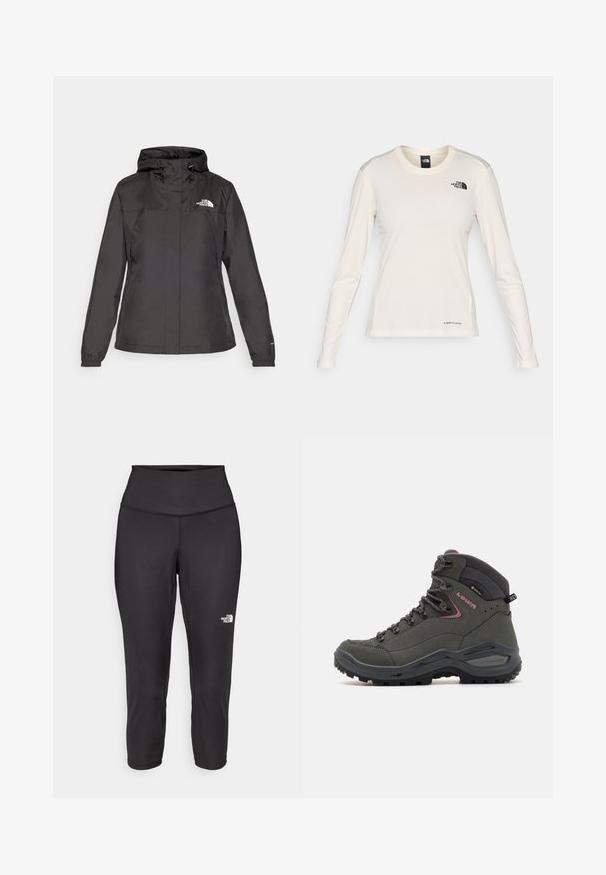 Svart vattentät jacka med en figursydd design, justerbar dragsko i huvan och elastiska ärmslut. Har logotyp på vänster bröst och slät textur.; The North Face SHADOW LONG SLEEVE - Långärmad tröja - white dune; Svarta capri leggings tillverkade av stretchigt tyg, med hög midja och en liten vit logotyp på vänster sida. Slät yta.; Grön vandringskänga med hög ankeldesign, läder och syntetmaterial, gummisula och metallöglor för snörning. Minimala detaljer.