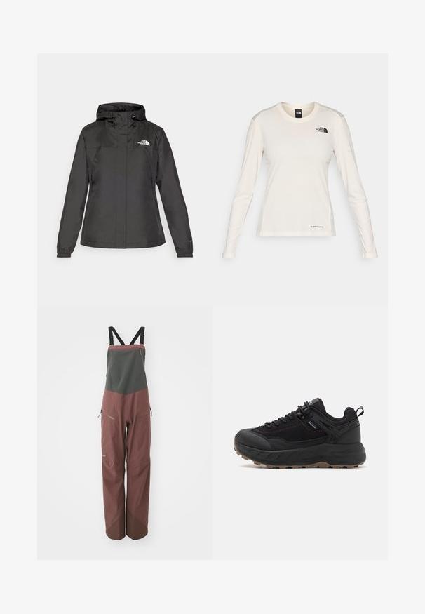 Black waterproof jacket with a fitted design, adjustable drawstring hood, and elastic cuffs. Features logo on left chest and smooth texture.; The North Face SHADOW LONG SLEEVE - Long sleeved top - white dune; Patagonia SNOWDRIFTER BIBS - Ski pants - dulse mauve; Black athletic shoes with a textured leather and fabric upper, patterned sole, reinforced toe, and adjustable lacing system.