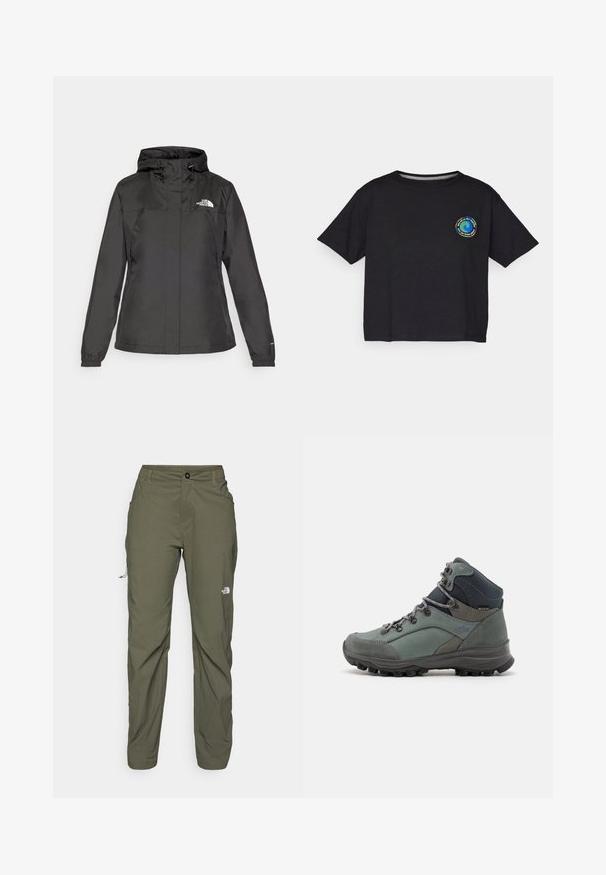 Črna vodoodporna bunda s prilegajočim dizajnom, nastavljivo kapuco z vrvico in elastičnimi manšetami. Ima logotip na levem prsnem delu in gladko teksturo.; Črna bombažna majica s kratkimi rokavi z okroglim večbarvnim logotipom na prsih. Ravno dno in sproščen kroj.; The North Face EXPLORATION PANTS - Hlače za na prostem - new taupe green; Zelene pohodne čevlje z sivo podrobnostjo in črnimi gumijastimi podplati. Funkcije vključujejo oblazinjen ovratnik, okrogle vezalke in teksturirano zgornji del.