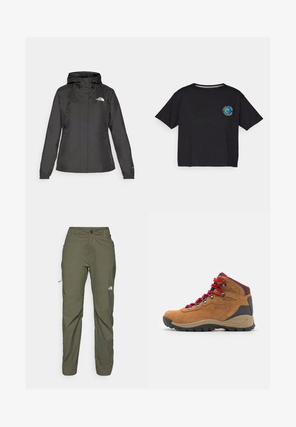 Juodas vandeniui atsparus švarkas su prisiūtu dizainu, reguliuojama pasukimo gobtuvu ir elastingais rankogaliais. Pakabinta logotipas kairėje krūtinės pusėje, sklandžią tekstūrą.; Juodas medvilnės trumpomis rankovėmis marškinėliai su apvaliu multicolor logotipu ant krūtinės. Tiesus apvadas ir laisvas pritaikymas.; The North Face EXPLORATION PANTS - Lauko kelnės - new taupe green; Rudos zomšiniai žygyje skirti batai su raudonomis raištelėmis, juodu guminėmis padais, pilkais akcentais ir paminkštinta kulkšnies parama. Yra metaliniai raišteliai ir logotipo detalė.