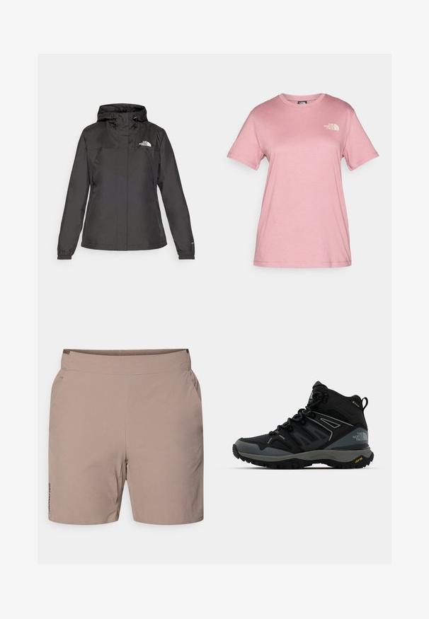Sort vandtæt jakke med en tætsiddende design, justerbar snoretrækhætte og elastiske manchetter. Har logo på venstre bryst og glat tekstur.; Lys pink kortærmet T-shirt lavet af blødt bomuld med rund hals og et lille hvidt logo fra "The North Face" på brystet.; Lysebrune shorts i letvægtsmateriale med en glat tekstur, som har sidelommer og et mærke logo på venstre kant. Elastisk talje for komfort.; Mellemhøj vandrestøvle i sort og grå. Har en struktureret overdel, forstærket tå og Vibram ydersål for godt greb. Letvægtsdesign.