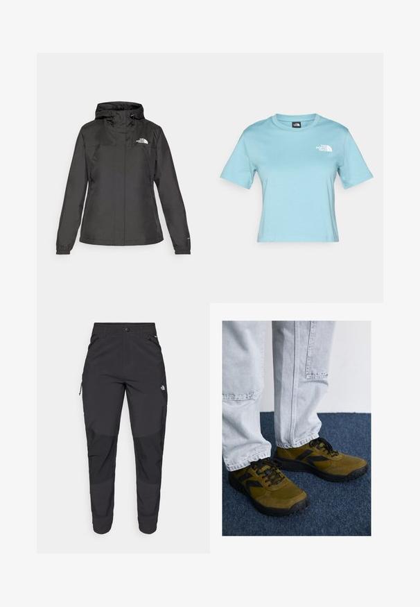 Black waterproof jacket with a fitted design, adjustable drawstring hood, and elastic cuffs. Features logo on left chest and smooth texture.; Light blue cotton T-shirt with short sleeves and a crew neckline. Features a small white logo on the chest and a relaxed fit design.; Black outdoor pants made of durable fabric. Feature zippered pockets, reinforced knee panels, and a straight cut design for mobility.; Olive green sneakers with black accents, suede and mesh materials, rounded toe, and textured soles. Paired with light gray denim pants.