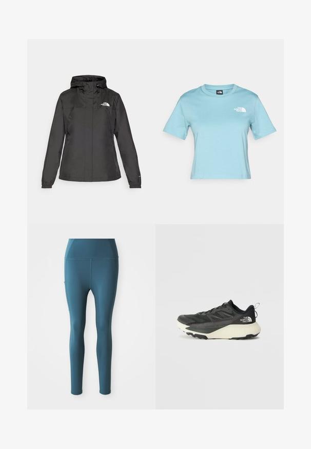 Giacca impermeabile nera con design aderente, cappuccio regolabile con cordino e polsini elasticizzati. Presenta il logo sul petto sinistro e una texture liscia.; T-shirt in cotone azzurro chiaro con maniche corte e scollatura a girocollo. Presenta un piccolo logo bianco sul petto e un design dalla vestibilità rilassata.; Leggings elastici turchesi con una texture liscia, vita alta, tasche laterali e senza cuciture visibili, progettati per l'abbigliamento sportivo.; Scarpa da ginnastica nera con tomaia testurizzata, con accenti grigi e un sottopiede bianco. Include una linguetta sul retro e un logo del marchio ben visibile sul tallone.