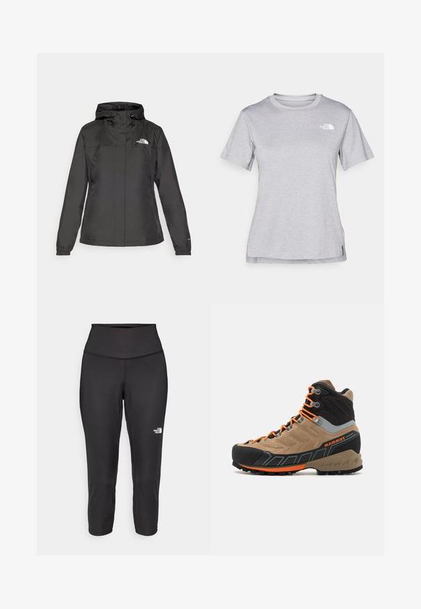 Musta vesitiivis takki, jossa on istuva muotoilu, säädettävä nyöripäällinen ja elastiset hihansuut. Vasemmassa rinnassa logo ja sileä pinta.; Harmaa lyhythihainen t-paita, joka on valmistettu pehmeästä, kosteutta siirtävästä kankaasta. Siinä on pyöreä kaula-aukko ja pieni valkoinen logo vasemmassa yläkulmassa.; Mustat capri-collegehousut, jotka on valmistettu joustavasta kankaasta. Ne sisältävät korkean vyötärön ja pienen valkoisen logon vasemmalla puolella. Silkkinen pinta.; Beige ja mustad kõrged matkajalatsid oranžide paeltega, kummist varbakaitse, tekstureeritud pealmine osa ja robustne tald. Omab tugevdatud pahkluutoetust.