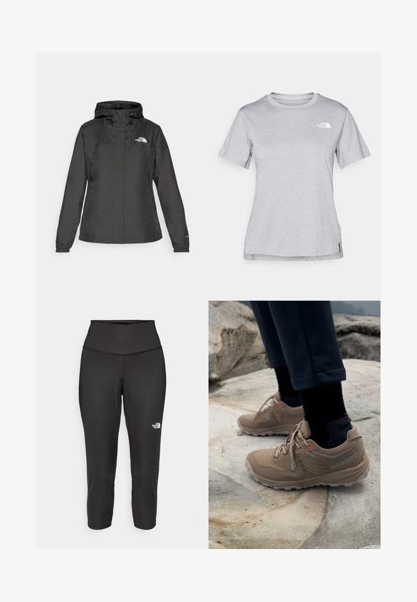 Black waterproof jacket with a fitted design, adjustable drawstring hood, and elastic cuffs. Features logo on left chest and smooth texture.; Grey short-sleeve t-shirt made of soft, moisture-wicking fabric. Features a crew neck and a small white logo on the upper left.; Black capri leggings made from stretchy fabric, featuring a high waistband and a small white logo on the left side. Smooth texture.; Beige hiking shoes made of suede and mesh with gray accents and vibrant orange eyelets. Gore-Tex branding visible on the side.